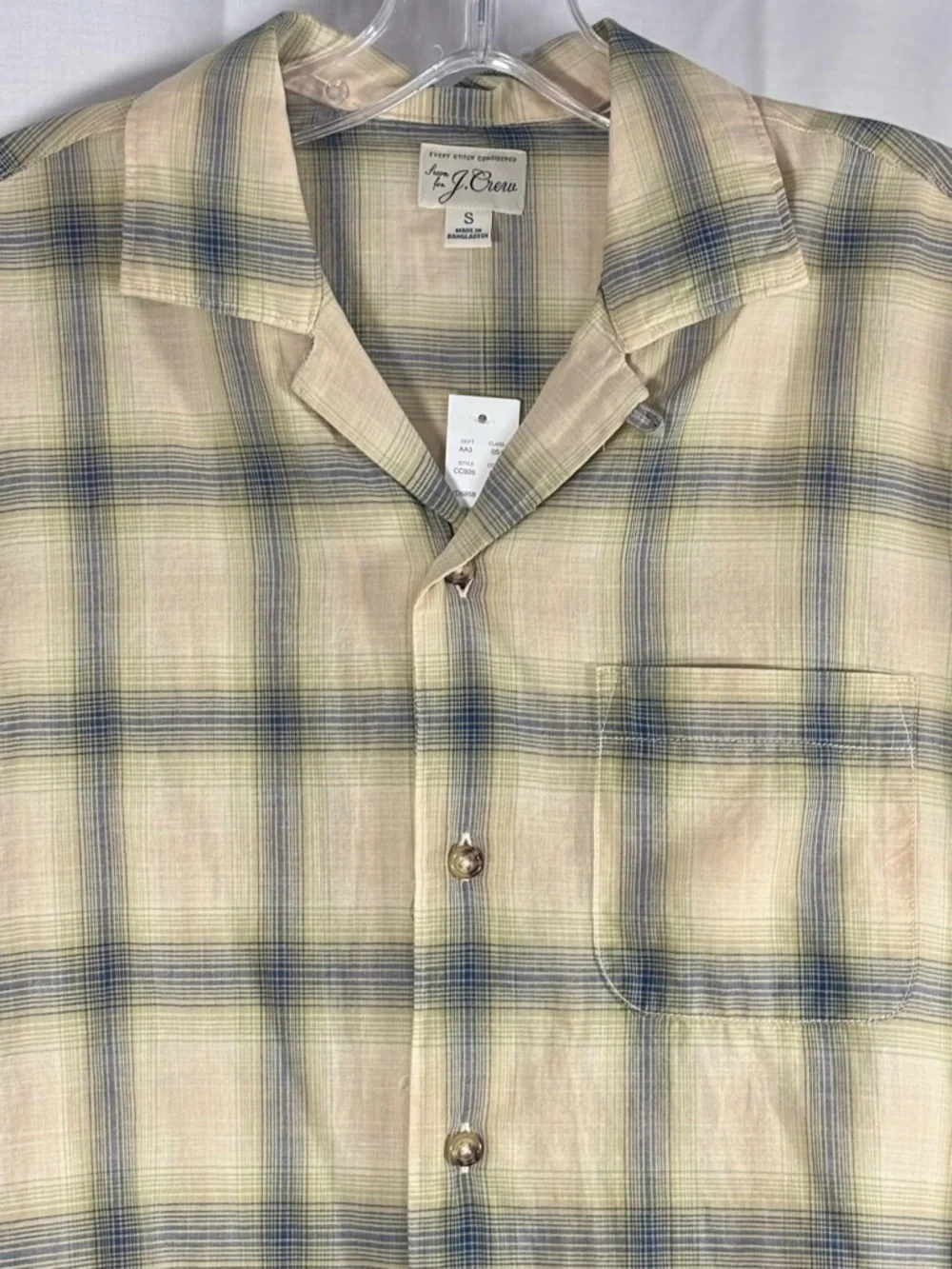 NWT JCREW Men's Short Sleeve Cotton Button-Up Shirt in Beige Plaid Size Small